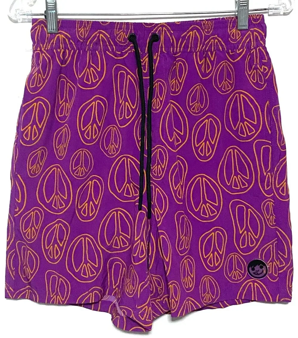 Neff Purple Swim Trunks Shorts Mens M Yellow Peace Sign Retro Hippie 90s Summer
